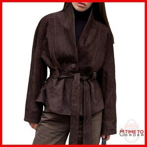 Faux Suede Belted Jacket Women's Long Sleeve Button Down Coat